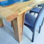 Cherry table with solid Oak base a blue and black rasin running through table measures 260cm x 100cm